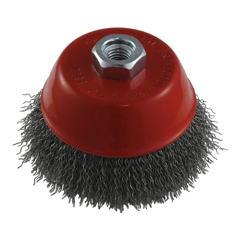 CARDA COPA ESMERILADORA M14 ONDULADA 4", ALAMBRE FINO CALIBRE 0.30MM, RPM 8,500